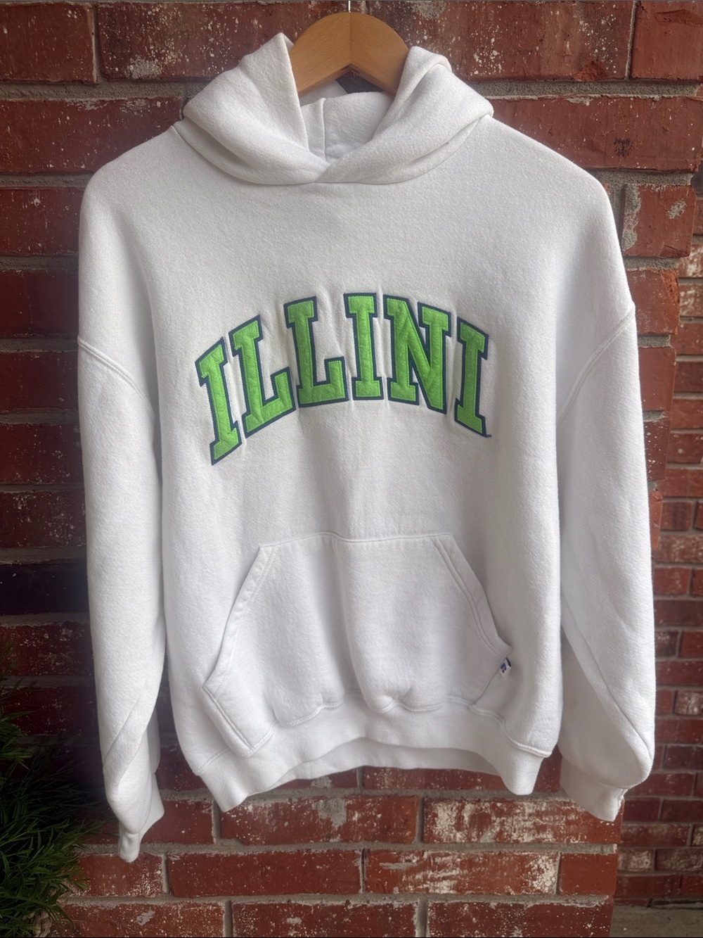 Vintage Russell White 'ILLINI' Hoodie with Green Lettering